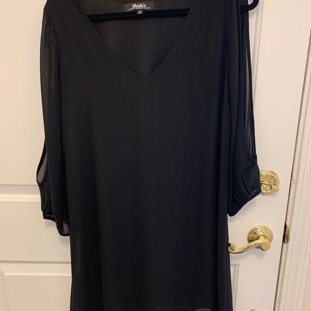 Lu Lu's V neck black all over sheer statement dress with Peek a Boo sleeves